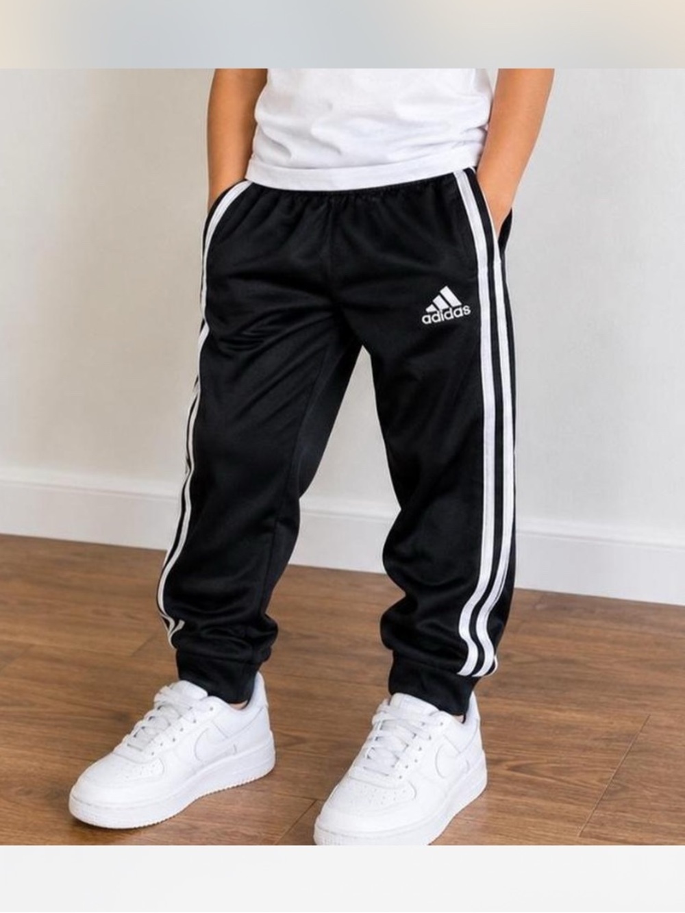Adidas Kids Black Track Pants with White Stripes size 7